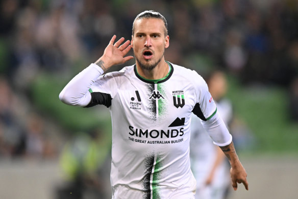 Aleksandar Prijovic celebrates his goal for Western United in the semi final win over Melbourne Victory.