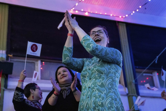 Members of IA (Inuit Ataqatigiit) celebrate the party’s strong showing in the election.