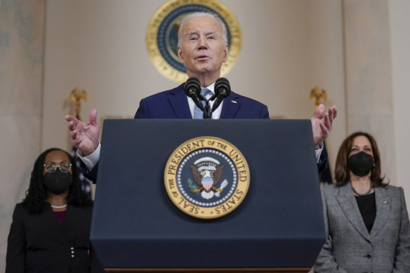 President Joe Biden speaks as he announces Judge Ketanji Brown Jackson as his nominee.