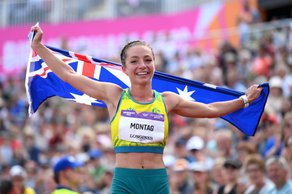 Jemima Montag celebrates her 10,000 metre race walk victory in Birmingham.