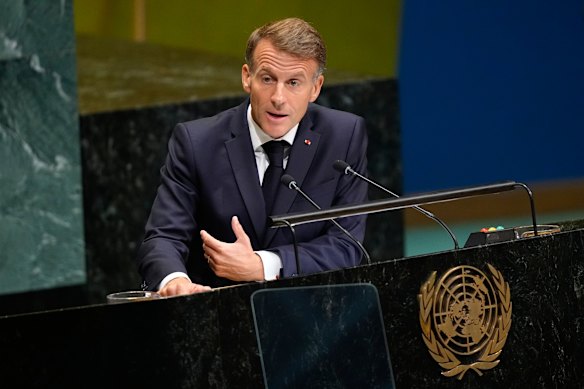 Emmanuel Macron speaks during the 81st session of the UN General Assembly overnight.
