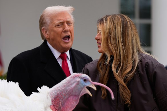 Trump with first lady Melania Trump. The US president deployed his own brand of humour as he pardoned Gobble – a 23.5kg bird from North Carolina.