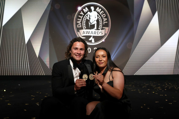 Nicho Hynes and Raecene McGregor with their Dally M Medals.