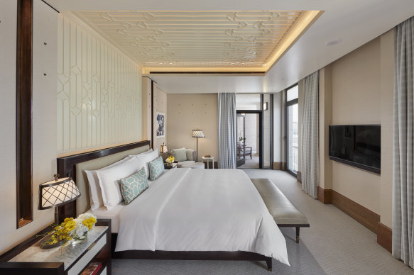 One of the spacious and luxurious guest rooms at the Mandarin Oriental Doha, Qatar hotel.