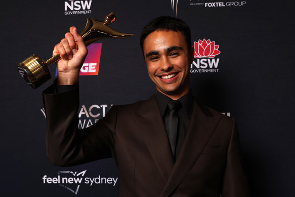 Thomas Weatherall with his AACTA for best supporting actor in a drama.