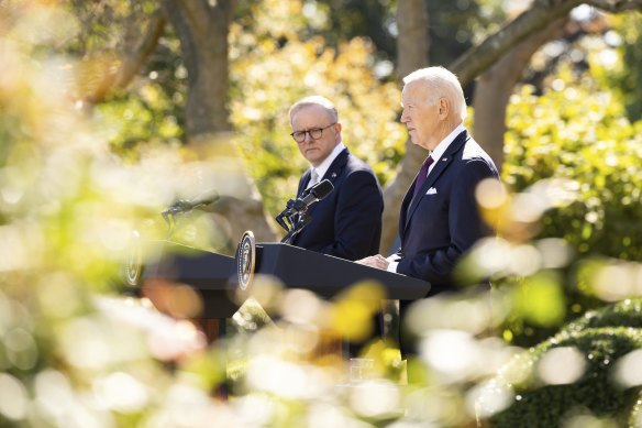 News that the Republicans had chosen a speaker broke as Prime Minister Anthony Albanese and US President Joe Biden addressed the media in the White House rose garden on Wednesday. 