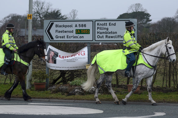 Mounted police patrol in St Michael’s on Wyre in Preston, England.