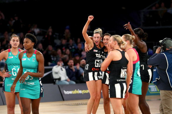 Magpies Zoe Davies, Geva Mentor, Renae Ingles and Shimona Nelson celebrate at the final siren.