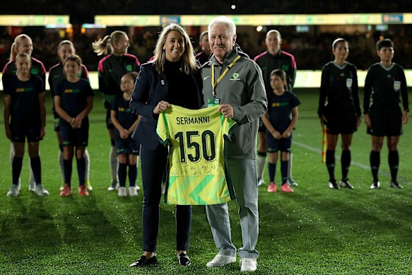 Australian coach Tom Sermanni celebrates 150 games as Matildas coach before the match against Argentina.