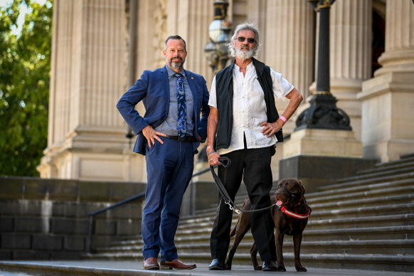 Victorian Justice Party leader Stuart Grimley with Ron Fenton and Yogi last week.