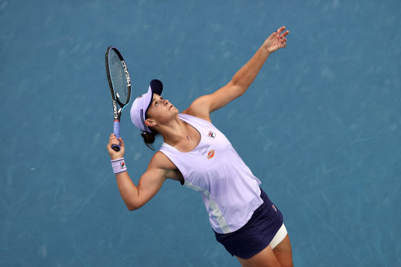 Ashleigh Barty serves in her third-round match against Ekaterina Alexandrova.