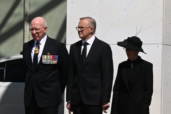Governor-General David Hurley, Prime Minister Anthony Albanese and Linda Hurley at the Proclamation of King Charles III, on the forecourt of Parliament House on Sunday.
