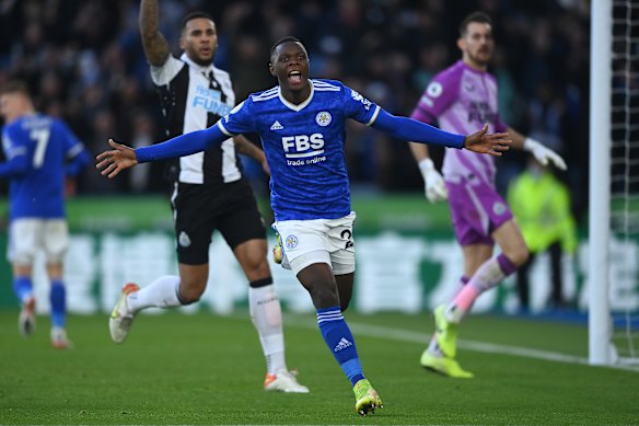 Patson Daka after scoring for Leicester City against Newcastle.
