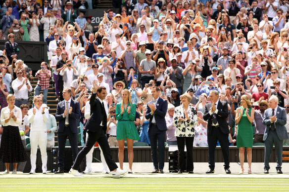 Roger Federer’s appearance at Wimbledon this year, celebrating past champions.