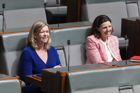 Bridget Archer, left, and Member for Wentworth Allegra Spender in parliament earlier this month.