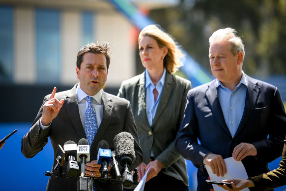 Opposition Leader Matthew Guy, shadow health spokeswoman Georgie Crozier and shadow treasurer David Davis campaigning against the pandemic legislation.