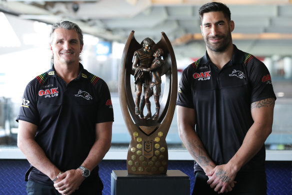 Panthers coach Ivan Cleary and captain James Tamou with the premiership trophy.