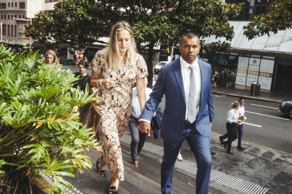 Kurtley Beale arrives at court on Tuesday with his wife, Maddi Beale.