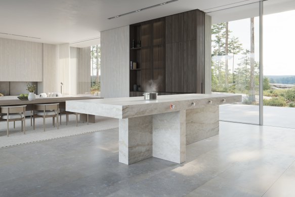 Gaggenau’s The Essential Induction has a cooktop concealed beneath a stone benchtop.