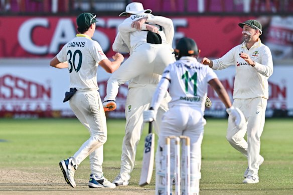 Australia celebrate as Proteas captain Temba Bavuma is dismissed.