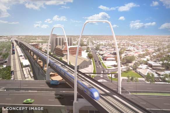 An artist’s impression of a new bridge, to be 550 metres long, 50 metres high and built alongside the existing heritage-
listed rail bridge over the Maribyrnong River, to be built as part of the Melbourne Airport Rail project.