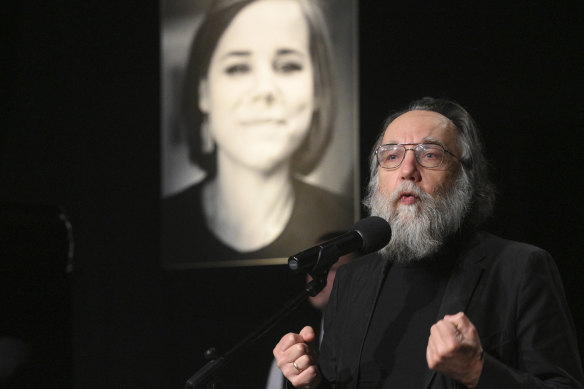 Alexander Dugin speaks during the final farewell ceremony for his daughter Daria Dugina in Moscow, Russia.