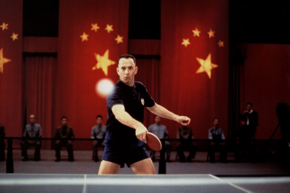 Forrest Gump (Tom Hanks) keeps his eye on the ping pong ball. 