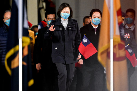 Taiwan’s President Tsai Ing-wen attends the flag raising ceremony in front of the Presidential Office Building of Taiwan on January 1, 2023 in Taipei.