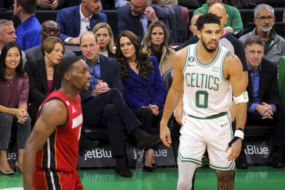 The Prince and Princess of Wales attend an NBA game between the Boston Celtics and the Miami Heat during their US visit. 