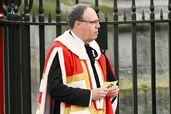 Lord Nigel Dodds arrives at Westminster Abbey ahead of the coronation of King Charles III and Queen Camilla.