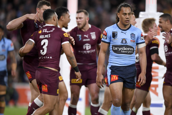 Jarome Luai can only look on during Queensland’s “ambush” victory in last year’s series decider in Brisbane.