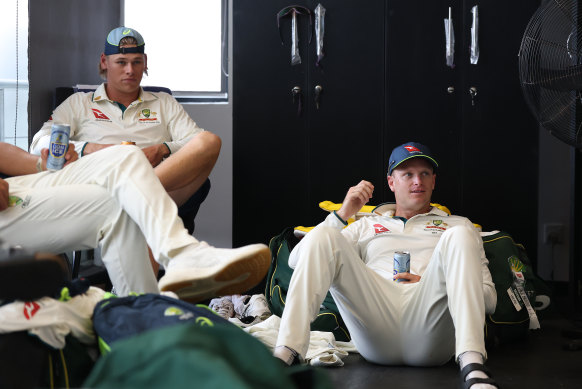 Matt Kuhnemann (right) with Cooper Connolly in the victorious Australian rooms in Galle.