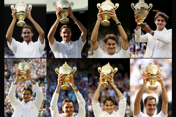 Federer’s winning ways at Wimbledon. From top left in 2003, 2004, 2005, 2006, 2007, 2009, 2012 and 2017.