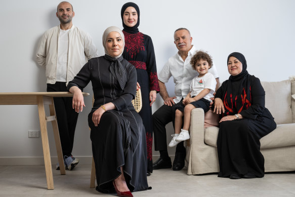 The Elhelou family fled Gaza in June and now live in outer Sydney: (from left) Islam, Rose, Ruqaia, Mohammed, three-year-old Ameer and Elham.