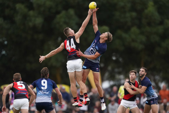 Geelong's Rhys Stanley goes up against Shaun McKernan of Essendon in their pre-season match in Colac on Monday.