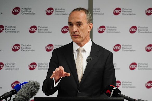 Electoral Commissioner Sven Bluemmel speaking about the voting irregularities.