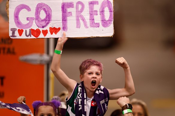 A young Fremantle fans fires up.