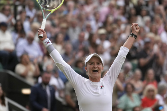 Sheer joy: Barbora Krejcikova of the Czech Republic celebrates after defeating Elena Rybakina.