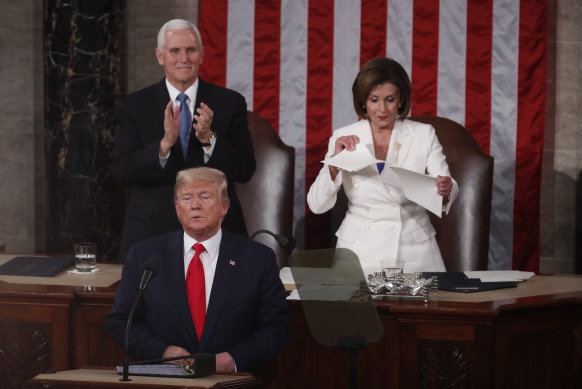 Speaker of the House Nancy Pelosi rips up a copy of President Donald Trump’s State of the Union address in 2017.