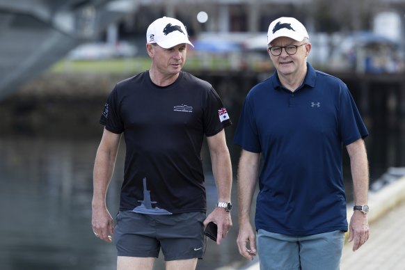 Australian Chief of Navy Vice Admiral Mark Hammond and Prime Minister Anthony Albanese during a morning walk at the Tuna Harbor Park overlooking the San Diego Bay.