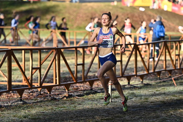 Innes Fitzgerald of Great Britain, competing in the U20 women’s 4000m during the SPAR European Cross Country Championships at Piemonte-La Mandria Park in Turin, Italy in December.