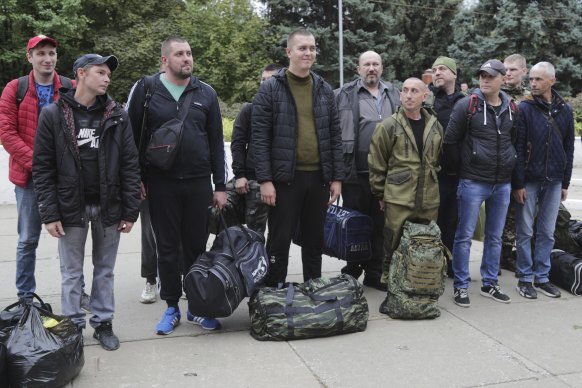 Russian recruits stand outside a military recruitment center in Volzhskiy, Volgograd region, Russia, last month after Russian President Vladimir Putin ordered a mobilisation of reservists.