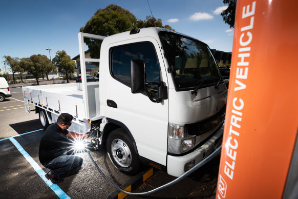 The Fuso eCanter light duty delivery truck. The manufacturer says its quiet and clean engine makes it well suited to urban deliveries.  