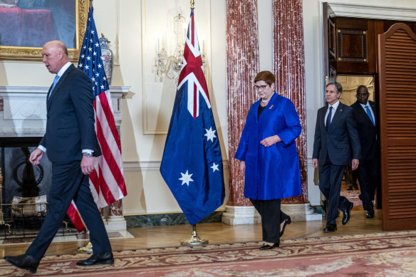 A show of solidarity: Peter Dutton, Foreign Minister Marise Payne, US Secretary of State Antony Blinken, and Defence Secretary Lloyd Austin.