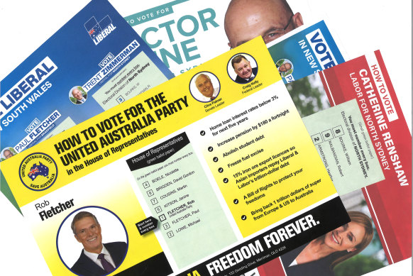 A selection of how-to-vote cards issued at a pre-polling booth in the Sydney suburb of Chatswood on Monday.