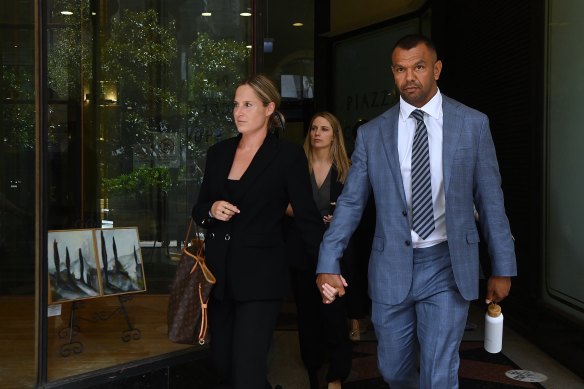 Kurtley Beale outside court with his wife Maddi Beale on Thursday.