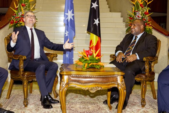 Anthony Albanese and James Marape in Port Moresby on Monday.