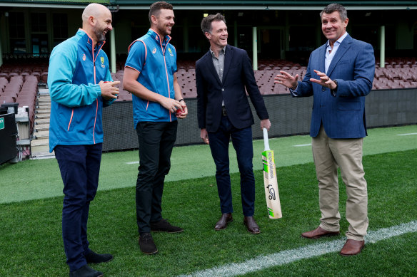 NSW Premier Chris Minns with Cricket Australia chairman Mike Baird (right) and Australian cricketers Nathan Lyon and Josh Hazlewood.