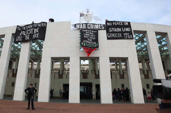 Pro-Palestine protesters at Parliament House in Canberra.