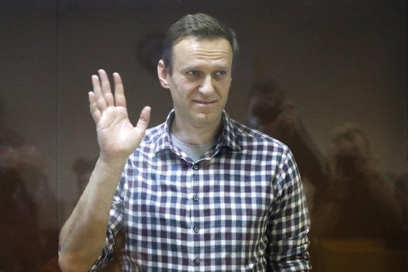 Russian opposition leader Alexei Navalny stands in a cage in the Babuskinsky District Court in February in Moscow, Russia.